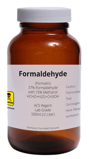 Photo shows a formaldehyde bottle